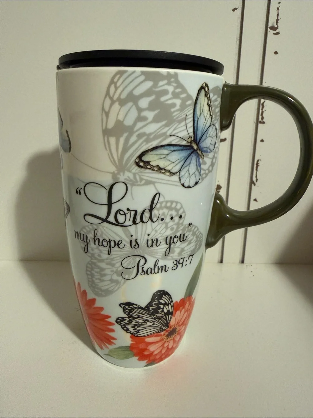 Floral Scripture Travel Mug with Red Flower